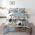 Manfei Camping Comforter Set King Size, RV Trailers Camper Bedding Set for Kids Boys Girls Room Decor, Grey Blue Wooden Adventure Theme Down Comforter, Rustic Farmhouse Duvet Insert, 2 Pillowcases