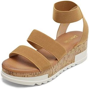 DREAM PAIRS Womens Open Toe Elastic Strap Casual Flatform Platform Sandal, Camel-1(6) Reed-1