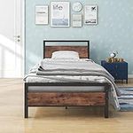 BOFENG Twin Size Bed Frame with Vintage Wood Headboard Farmhouse Bed,Heavy Duty Metal Platform Bed Frames No Box Spring Needed,Firm Mattress Foundation Steel Slat Support Easy Assembly,Black+Brown Oak