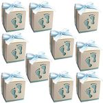 RasuImpex Pack of 10pcs 2.4" Mini Baby Shower Candy Favor Box (6x6x6) cm Gift Boxes Party Favor Boxes Paper Treat Boxes with Craft Ribbon and Cute Footprints for Baby Shower Party (Blue) #RasuDecor