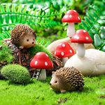 Queekay Resin Hedgehogs & Wood Mushroom Sculpture, Fairy Wild Garden Supplies, 6 Pieces, Red, Handmade Decor