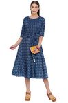 Janasya Women's Blue Cotton Woven Design Flared Dress(JNE3710-DR-L)