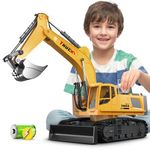 WELIN Remote Control Excavator Bulldozer Toy, 15CH RC Construction Vehicles Engineering Car with Metal Bucket Rechargeable Battery, 2-in-1 Digger with Lights Sound Birthday Gifts for Kids Boys Age 6+