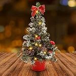 Belle Vous Mini Tabletop Artificial Christmas Tree with Lights - 40cm / 15.74 inches- Decorated with Berry Ornaments, Pine Cones & Bows for Home, Table and Living Room