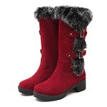 Allure Love Women Winter Real Fur Rabbit Boots Metal Buckle Comfy Warm Mid-Calf High Snow Boots, Red, 8.5