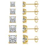 18K White Gold/Yellow Gold/Rose Gold Plated Princess Cut Square Clear Cubic Zirconia Stud Earring Pack of 5 Pairs, Yellow Gold, Cubic Zirconia