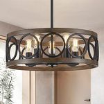 peskoe Farmhouse Modern Chandelier, 22'' Black Dining Room Light Fixture, Drum Pendant Light for Living Room Kitchen Island Bedroom Hallway, Metal Wood Grain Finish, 5-Light Hanging Chandelier Lamp