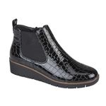 Jo & Joe Ladies Croc Patent Chelsea Wedge Ankle Boot With Side Gusset, Inside Zip For Ease Of Wear & Warm Fur Lining. Sizes 4-8 (Black, UK Footwear Size System, Adult, Women, Numeric, Medium, 6)