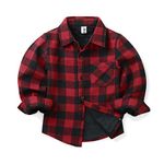 OCHENTA Big Boys' Long Sleeve Check Plaid Flannel Shirt Fleece Lined Tops Red Black Tag 150CM - 7-8 Years