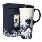 DUSVALLY Ceramic Coffee Mug with Lid Porcelain Cup with Box,17oz.The Great Wave