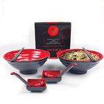 Balibetov Ramen Bowl Set - Includes Melamine Ramen Bowls, Chopsticks, Spoons and Small Dish for Sauce - Ideal for Asian, Chinese, Japanese, Korean or Pho Noodle Soup (2, Red)