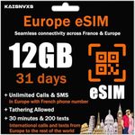 KAISNVXS eSIM for Europe Travel for 30 Days - 4G/5G High Speed Network Prepaid eSIM in 36 Europe Countries, QR Code Activation, Tethering Allowed, Data ONLY, No Voice/SMS