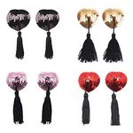 Runmeihe 4 Pair Nipple Pasties Reusable Adhesive Nipple Covers, Shiny Sequin Silicone Heart-Shaped Sexy Bra with Tassel for Women Black Pink Red Gold