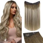 Fshine Dark Brown to Ash Brown and Blonde Wire Real Human Hair Extensions 20 Inch 120g Hidden Wire Real Human Hair Extensions Invisible Fish Wire Hair Extensions Clip in Straight Hair One Piece