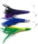 (3 Pack) Tuna Mahi Feather Trolling Lures. Fully Rigged 6" Saltwater Trolling Fishing Lures. 150lb Leader. Ready to Fish Out of The Package. Purple/Black, Green/Yellow & Blue/White. Stainless Hooks