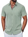 COOFANDY Men's Short Sleeve Cotton Shirt Summer Regular Fit Casual Shirts with Pockets Light Green S