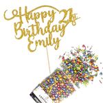 Cakeshop Cake Decoration Pack | Happy Birthday Premium Double Sided Glitter Card Cake Topper Sign & 25g Party Pack of Cake Sugar Sprinkles | Custom Name & Age Cake Decorations (Gold)