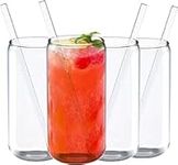 Jucoan 4 Pack 18 oz Can Shaped Beer Glass, Premium Handmade Clear Drinking Glass Cups with 4 Reusable Glass Straws for Water, Wine, Beer, Cocktails and Mixed Drinks