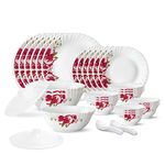 Larah by Borosil Rose Red Silk Series Opalware Dinner Set | 35 Pieces for Family of 6 | Microwave & Dishwasher Safe | Bone-Ash Free | Crockery Set for Dining & Gifting | Plates & Bowls | White