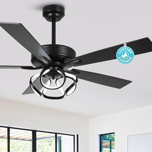 Parrot Uncle 52 Inch Ceiling Fans with Lights for Bedroom, Black Chandelier Ceiling Fan with Remote Control, Reverse DC Motor, Dimmable, Color Adjustable, DOE ETL Tested