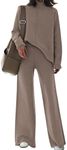 Fixmatti Knitted Suits for Women High Neck Sweater Jumpers Palazzo Loose Pants 2 Pc Outfits Sets Khaki XL