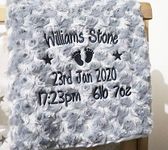 Personalised Baby Blanket Luxury Rosebud Style Grey Round Font Name Date Weight Time Print