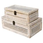 DECOR4SEASON Rattan and Cane Stacking Boxes with Glass Top Lid - Set of 2 for Boho, and Rustic Farmhouse Decor, White Wash