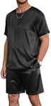 Ekouaer Men Satin Pajamas Set 2 Piece Silk Sleepwear Shorts Button Down Tops Loungewear with Pockets Black