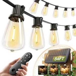 addlon 54(48+6) FT Solar String Lights Waterproof,Patio Lights Solar Powered with Remote & USB Port 15+1 LED Shatterproof Bulbs 3 Light Modes, Dimmable Solar Light for Camping Backyard Garden