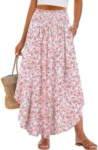 ANRABESS Women's Maxi Skirts Summer Boho Floral High Waisted Flowy Swing Pleated Beach Long Skirt with Pockets Pink XX-Large