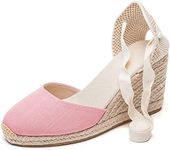 U-lite Womens Espadrille Wedge Sandals Closed Toe Platform Lace Up Ankle Strap Slingback Summer Dress Shoes, Pink Canvas-3", 8.5