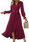 BTFBM Women's Boho Cocktail Maxi Dress 2024 Fall Fashion V Neck Swiss Dot Long Sleeve Flowy Slit Wedding Party Dresses(Swiss Dot Wine Red, Small)