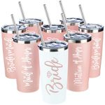 Bride Gifts Bridesmaid Tumblers Set of 8, 20 oz Insulated Bride Stainless Steel Wine Tumbler Bulk Maid of Honor Mugs with Lid and Straw for Wedding Engagement Bachelorette Party Gifts