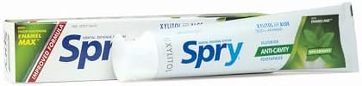 Spry Natural Xylitol Toothpaste 5oz for Adults and Kids with Fluoride, Gentle for Sensitive Teeth Whitening and Remineralizing, Breath Freshening, Mouth Moisturizing, Spearmint (Pack of 3)