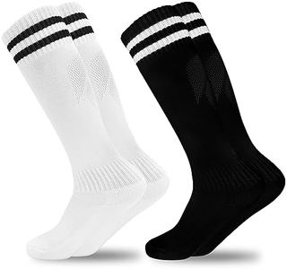 Kids Soccer Socks, 2 Pairs Sports Girls Boys Knee High Tube Socks Toddler Stripes School Uniform Stockings（#1 White+Black 7-13 Years）