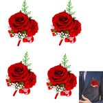 4 Pcs Rose Boutonnieres Groom Flower for Wedding Party Prom Man Suit Decoration, Red Rose Corsage for Best Men Groom Groomsmen, Red Rose Corsage Boutonniere Set for Party Dancing Wedding