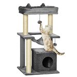 PawHut Cat Tree Tower Multi-Level Kitten House with Scratching Post Condo Hammock Bed Ball Toy - 19 x 19 x 35.5 Inches, Gray