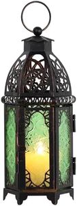 NEEDOMO Hanging Moroccan Lantern, 11'' Vintage Candle Holder, Metal Lanterns Decorative Indoor Outdoor, Table, Patio, Porch, Shelf, Gothic Home Decor (Green, Medium Size)