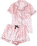 Verdusa Women's 2 Piece Pajama Set Matching Pjs Sets Cute Printed Sleepwear Button Up Shirt with Lounge Shorts Set Satin Pink X-Large