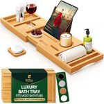 ROYAL CRAFT WOOD Luxury Bamboo Bathtub Caddy Tray with Book and Wine Holder - One or Two Person Bath and Bed Tray with Extending Sides - Free Soap Dish (Natural)