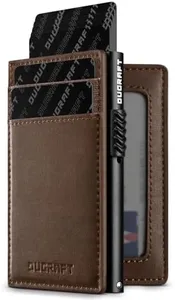 DUGRAFT Slim Card Holder for 10 Cards with Aluminum POP UP Credit Card Ejector RFID Blocking, ID Window and 4 Card Slots, Minimalist Front Pocket Wallet for Men, Coffee Brown