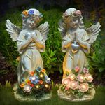 Kssiaz Angel Garden Statue 2Pcs, Love Heart Solar Garden Decor with Warm Light, Waterproof Praying Angel Statue with Flowers, Outdoor Garden Decor Sculpture for Lawn Yard Patio Windowsill, Apricot