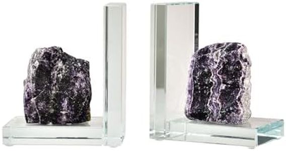 AMOYSTONE Heavy Duty Glass Bookends for Tall Books, L-Shaped Decorative Bookends with Purple Fluorite Stone, Non-Skid Book Support for Home or Office (1 Pair 4-6 LBS)