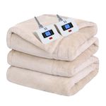 Sealy Electric Blanket Queen Size, Flannel Heated Blanket with 10 Heating Levels & 1-12 Hours Auto Shut Off, Fast Heating Warm Blanket, Machine Washable, Beige, 84 x 90 Inch