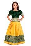 FELIZ THE DESIGNER STUDIO Girl's Round Neck Half Sleeve Green & Yellow Color Pattu Pavadai Cotton Silk Lehenga choli for 7-8 Years. (FREEFIREE-YW78)