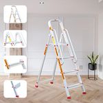 Prime Safe Pro 4 Step (3+1) Foldable Aluminium Ladder for Home and Office Use with Hand-Rails | Anti-Skid PVC Shoes | Garment Guards | Heavyduty Antiskid Platform