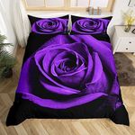 Purple Rose Comforter Cover Twin Size Floral Bedding Set Women 3D Printed Flower Duvet Cover Set Valentine's Day Bedding for Couples Kids Girls Teens Romantic Decor Quilt Cover with 1 Pillow Shams