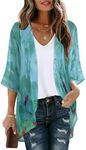 CHICGAL Women's Floral Print Puff Sleeve Kimono Cardigan Loose Cover Up Casual Blouse Tops, Teal Blue Print, Small