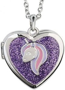 Purple Unicorn & Silver Heart Locket Necklace | Sparkly Glitter Animal Pendant | Secret Inside Storage | Silver Tone Chain |