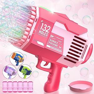 Bubble Machine Gun, Upgraded 132 Holes Bubble Gun with Lights/ Bubble Solution, Bubble Maker for Kids Boys Girls Adults Outdoor Indoor Birthday Wedding Party Gifts,Pink